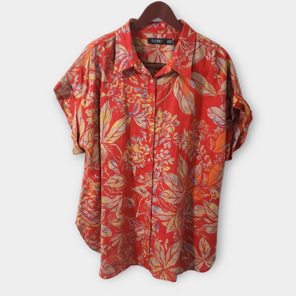 Lauren Ralph Lauren Womens 2X Linen Short Sleeve Button Down Shirt Red Floral